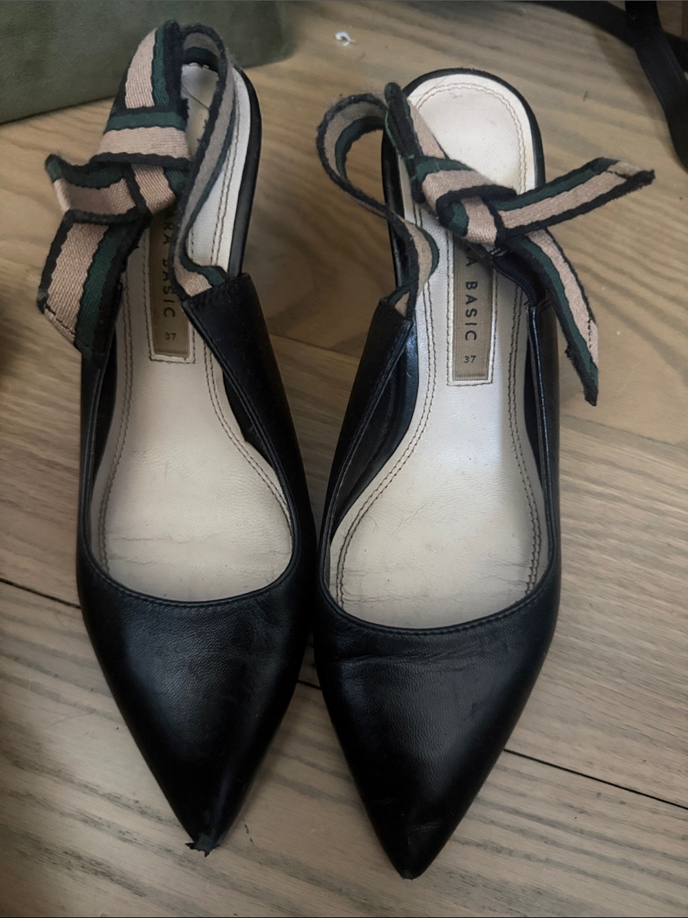 Zara Black Pointed Slingback Flats with Striped Bow Accent
